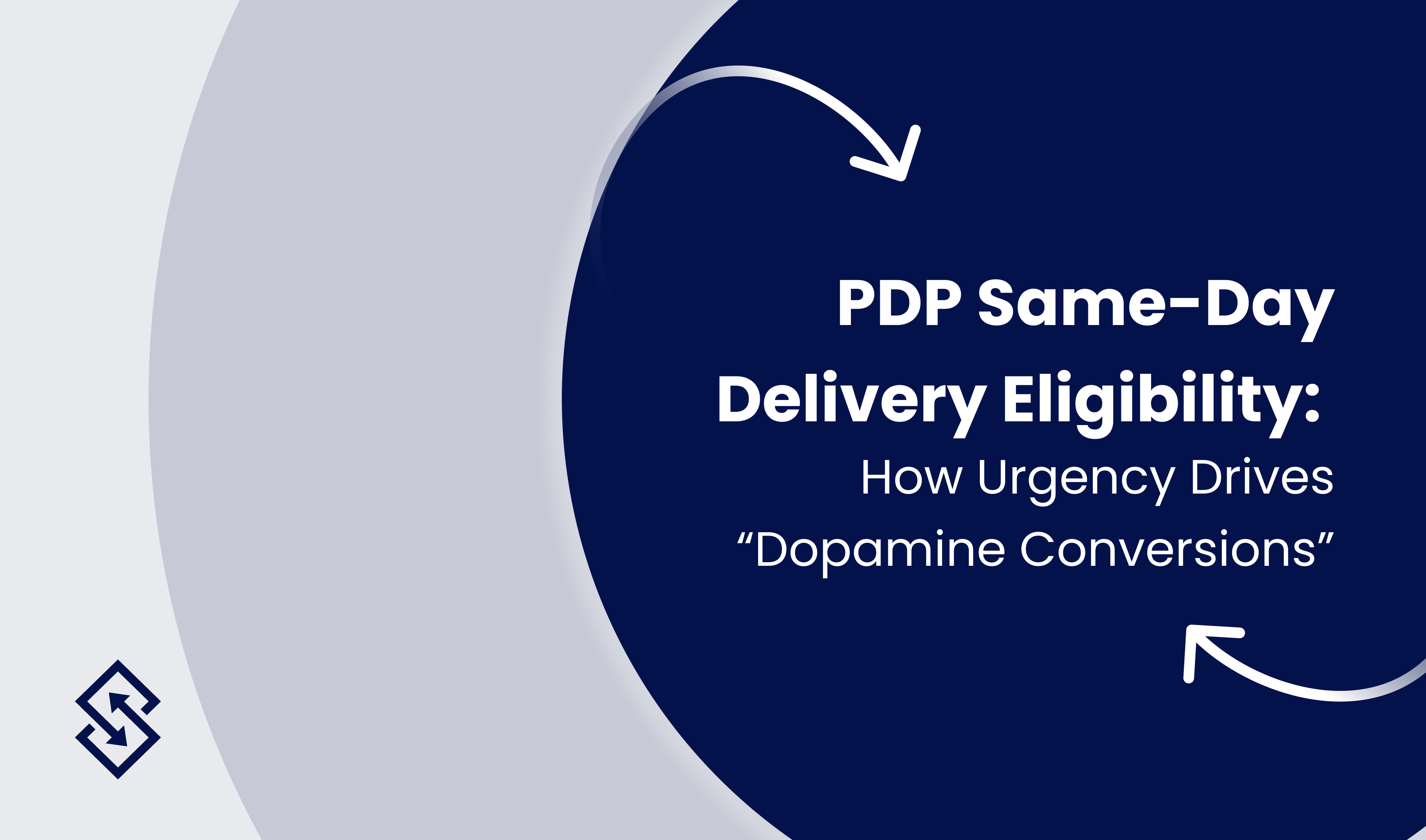 Graphic with a dark blue circular design and arrows pointing inward, featuring the text: “PDP Same-Day Delivery Eligibility: How Urgency Drives ‘Dopamine Conversions’.” A minimal Shipsi-style layout appears on the left with a small logo.